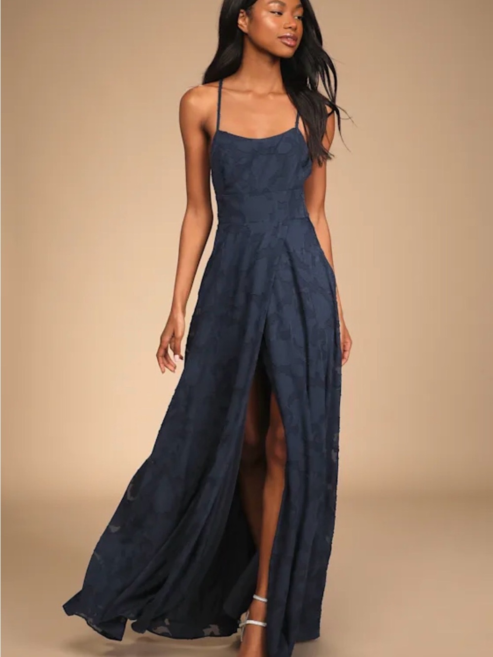 Lulu's Navy Spaghetti-Strap Maxi Gown with Front Slit